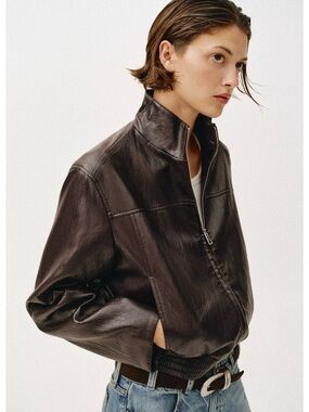 Zara Dark Brown Leather Half-Zip Bomber Jacket